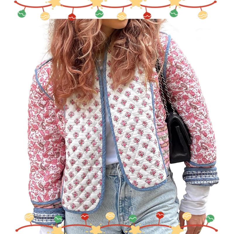 Women's Cropped Puffer Jacket Lightweight Floral Printed Open Front Quilted Coat Winter Warm Outwear